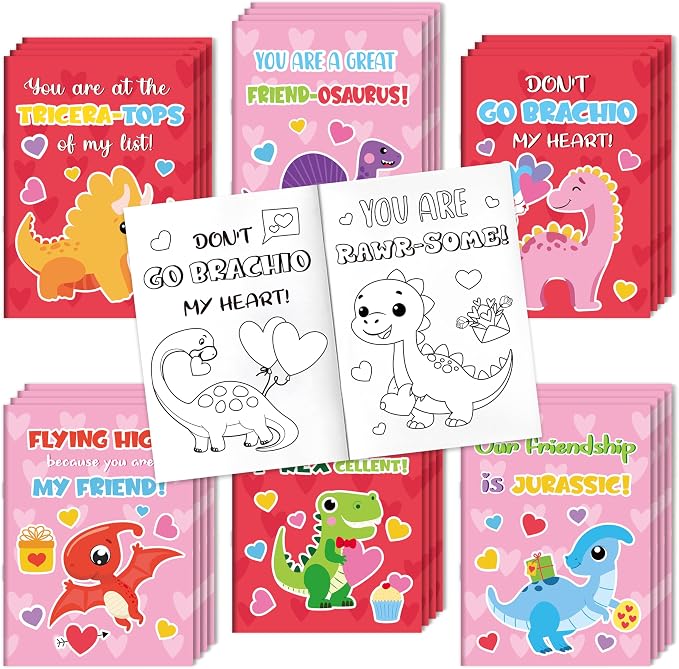 Dvbonike 24Pcs Valentine's Day Dinosaur Coloring Books - DIY Color-in Pages Booklet Bulk Sweet Message Drawing Pattern Party Favor Gifts Home School Classroom Rewards Art Activity Supplies for Kids