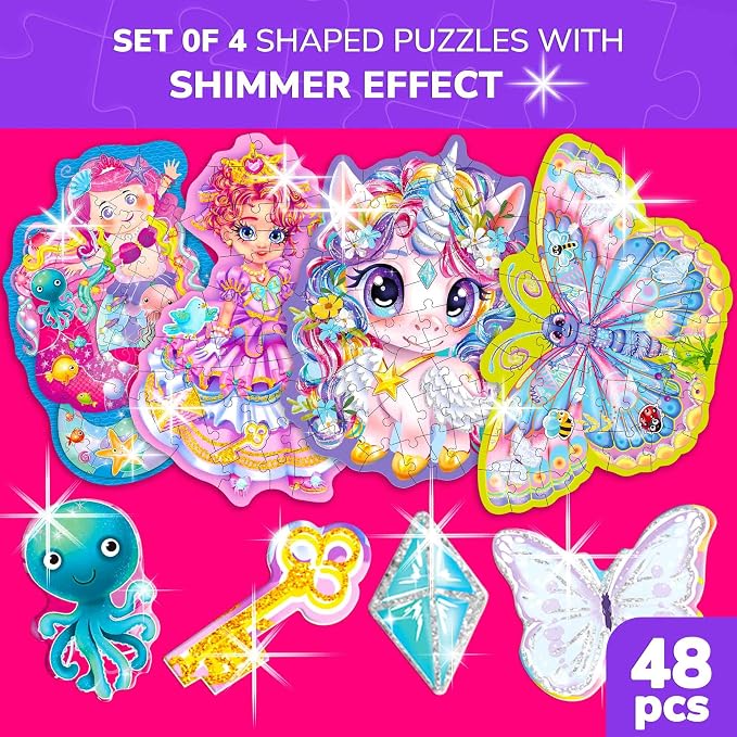 48 Piece Puzzles for Kids Ages 4-6 - 4 Jigsaw Kids Puzzles Ages 3-5 | Shimmery Princess, Mermaid, Butterfly and Unicorn Shaped Children's Game - Puzzles for Kids Ages 5-8 - Educational Toy Gift