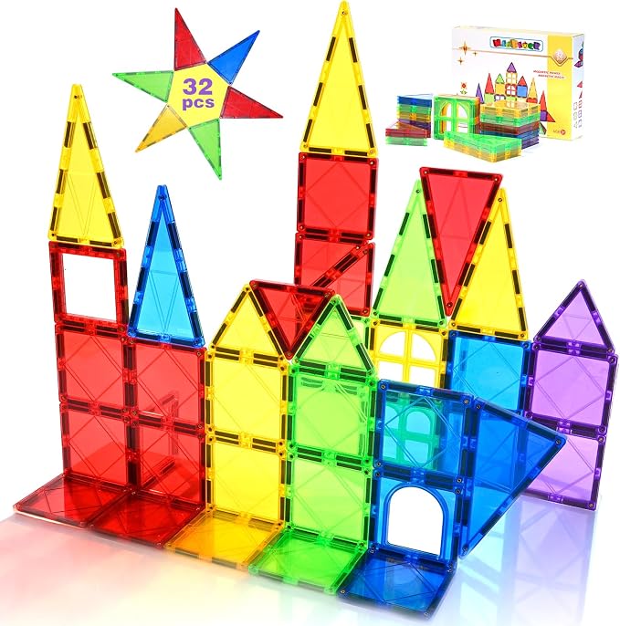 Magnetic Tiles Kids Magnetic Blocks 32PCS Building Sets for Kids Ages 3+ | Magnetic Blocks Sensory Montessori Toys Set All Pieces with Magnets, Ideal STEM Educational Construction Gifts