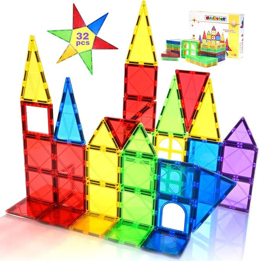 Magnetic Tiles Kids Magnetic Blocks 32PCS Building Sets for Kids Ages 3+ | Magnetic Blocks Sensory Montessori Toys Set All Pieces with Magnets, Ideal STEM Educational Construction Gifts