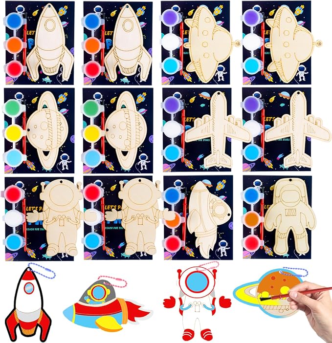 JOTIKO 12 Pack Space Party Favors - Wooden Keychains Painting Kits Toy Arts Crafts for Kids, Out Space Astronaut Birthday Party Return Gifts Activities Goodie Bag Stuffers Classroom Prize Exchange