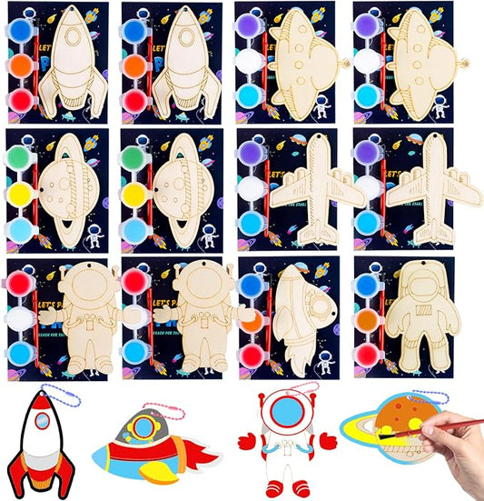 JOTIKO 12 Pack Space Party Favors - Wooden Keychains Painting Kits Toy Arts Crafts for Kids, Out Space Astronaut Birthday Party Return Gifts Activities Goodie Bag Stuffers Classroom Prize Exchange