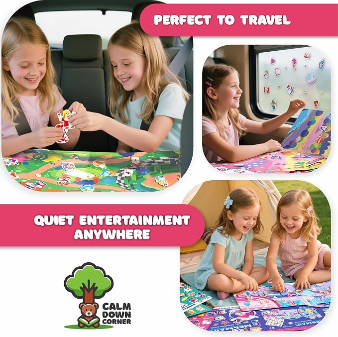 Premium Reusable Jelly Sticker Book Set for Toddlers & Kids – 3 Pack Collection with Castle, Mermaid & Children's Scenes | Washable Silicone Stickers | Screen-Free Travel Activity