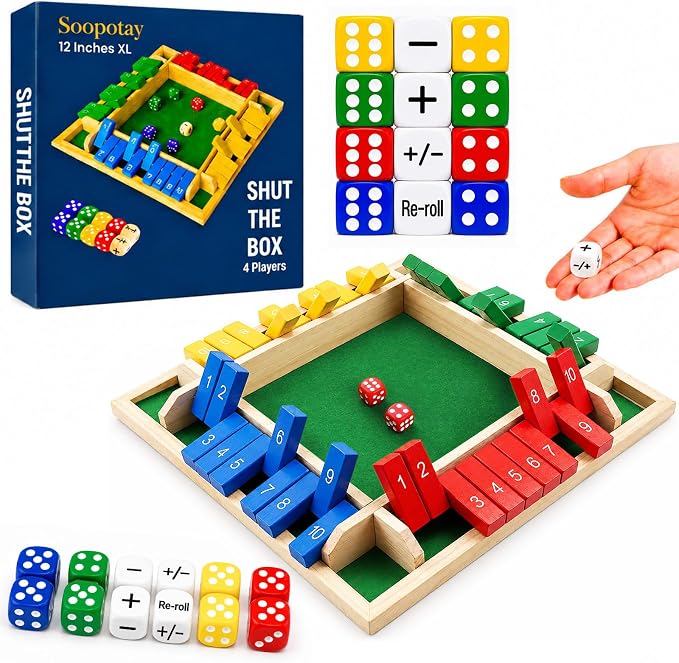 Upgraded 12-inch Shut The Box Game, Easy Quick and Fun Educational Math Game with 4 Symbolic Dice, 1-4 Players Wooden Board Games for Family Night Classroom Party, Tabletop Games for Kids Adult Senior