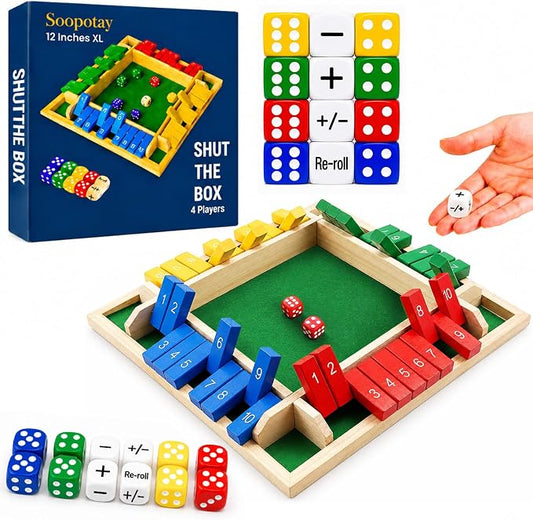 Upgraded 12-inch Shut The Box Game, Easy Quick and Fun Educational Math Game with 4 Symbolic Dice, 1-4 Players Wooden Board Games for Family Night Classroom Party, Tabletop Games for Kids Adult Senior