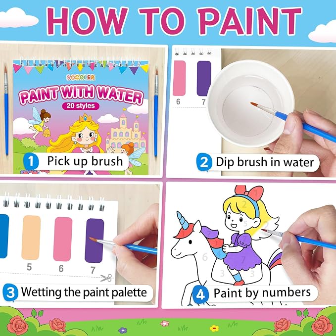 SOCOLER Paint with Water Coloring Books for Toddlers,Mess Free Watercolor Painting Papers for Kids Water Color Paint Kit Art Craft Birthday Gift for Ages 1-3, 4-8(Princess and Party)