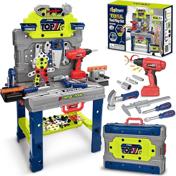 Kids Tool Bench with Electric Drill, Toddler Tool Set for Boys Ages 3-5 6-8 | 132 Pcs Kids Tool Set with Toddler Tool Box & Tool Bench, Christmas Birthday Gifts Toys for Boys Ages 3 4 5 6 7 8+ (Green)