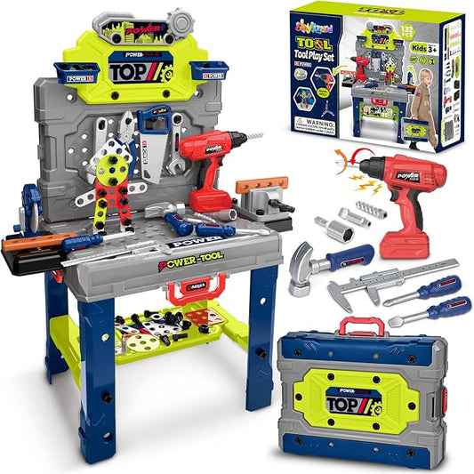 Kids Tool Bench with Electric Drill, Toddler Tool Set for Boys Ages 3-5 6-8 | 132 Pcs Kids Tool Set with Toddler Tool Box & Tool Bench, Christmas Birthday Gifts Toys for Boys Ages 3 4 5 6 7 8+ (Green)