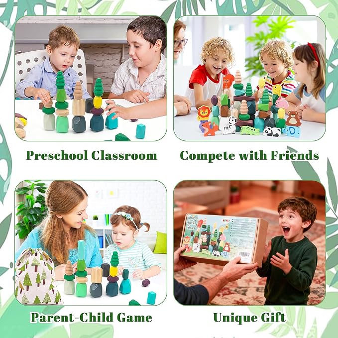 HAPGFS 51 PCS Wooden Stacking Rocks Toys Set for Kids Educational Stacking Blocks Building Blocks for Toddlers 1-3 Forest Theme Montessori Toys Creative Stacking Game for Children