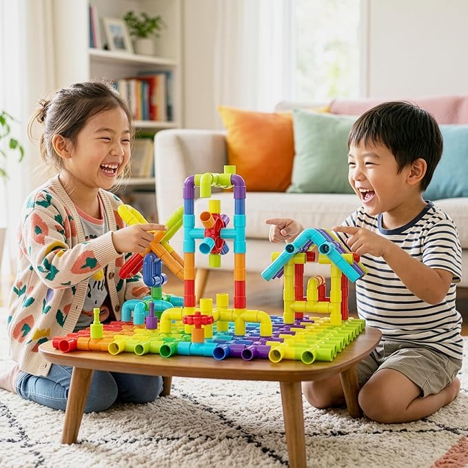 PicassoTiles 100PCS STEM Pipe Building Playset Interlocking Tube Construction Toy with Wheels and Clear Storage Box Educational Learning Toys for Preschool Montessori Kids Age 3+ Boys and Girls PTT139