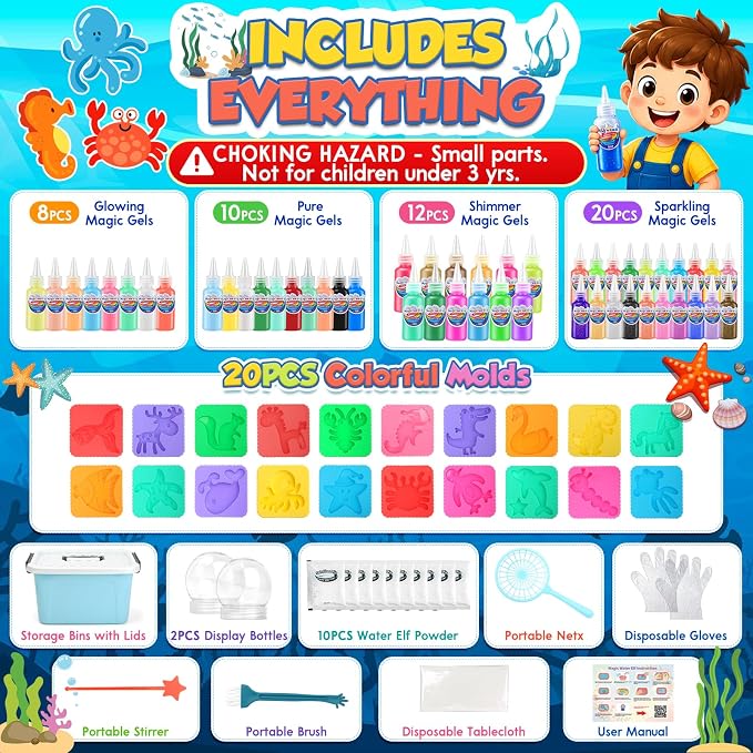 Nisuez Magic Water Elf Toy Kit - 50 Magic Gels (4 Type) & 20 Colorful Molds | DIY Squishy Making Kits Sensory Toys for Kids Color Shape Recognition & Fun Early Learning, 2 Display Bottles & Storage Bins
