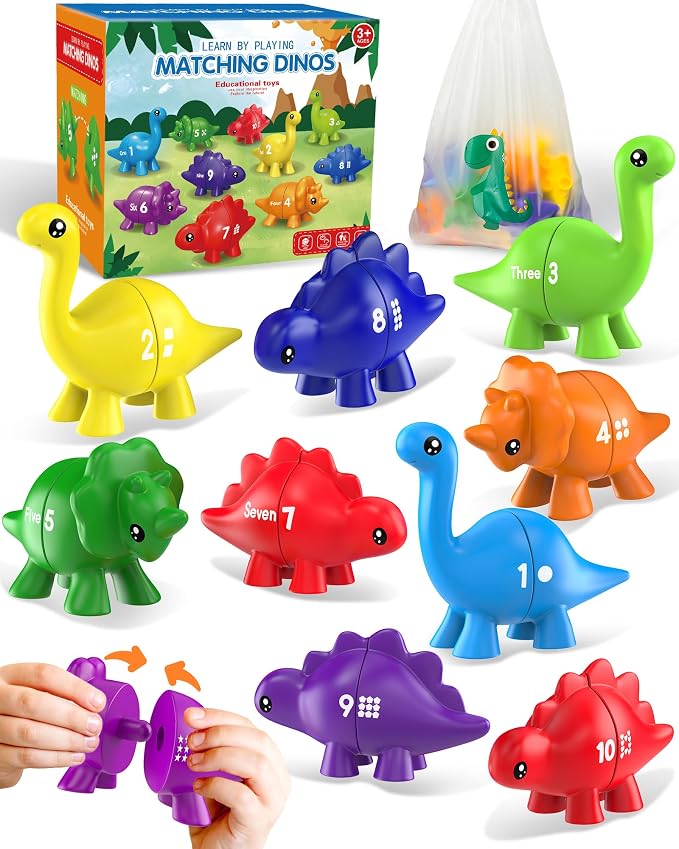 Number Dinosaur Toys for Kids 3-5, Montessori Learning Toys for 3 Year Old | Preschool Educational Toy, Toddler Boy Girl Gifts, Dino Travel Toy, Double-Sided Dinosaurs, Learn Numbers, Matching Game