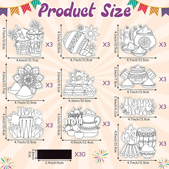 X1zuue Holi Coloring Craft Kit - 30Pcs Happy Holi Color Your Own Magnets for Kids Blank DIY Coloring Fridge Magnets for Indian Festival Holiday Party Decorations School Classroom Activities Supplies