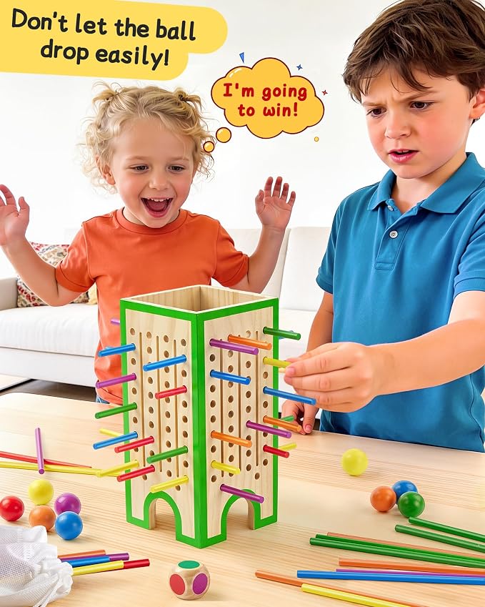 Montessori Wooden Board Game Ages 4-8 Fine Motor Toy | Water-Based Paint, Smooth Finished Edges, Family Night, Color Matching, 12 Balls, Storage bag, Ideal Gift