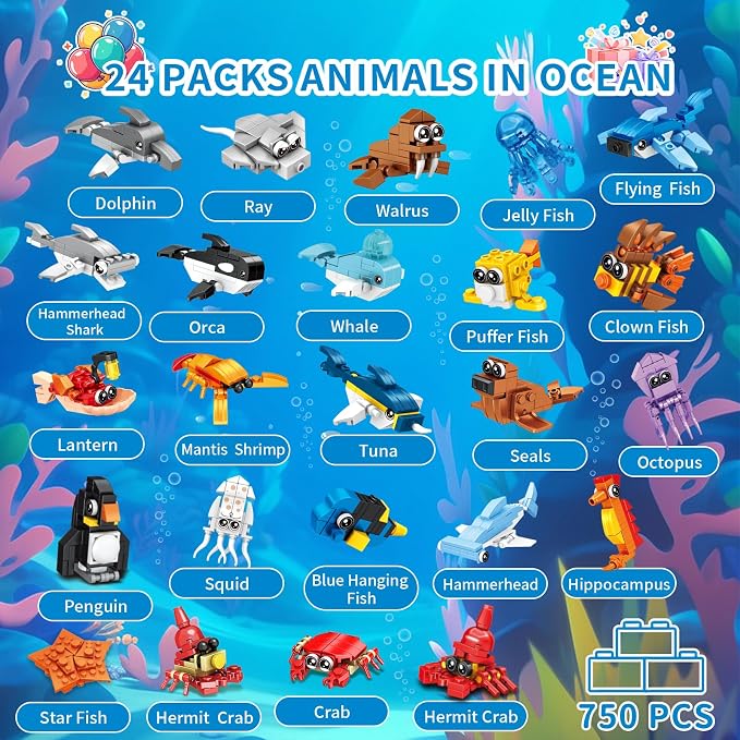 Zitetbolo Party Favors for Kids - 24 Pack Ocean Animals Building Block Toy Goodie Bags Fillers Classroom Prizes Stuffers Gifts Building Set, Christmas Birthday Gift for Boys Girls Ages 6-12