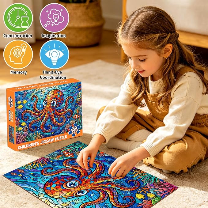 4-Pack 100 Piece Puzzles for Kids Ages 4-8 6-8 8-10, Shark Turtle Kids Puzzles Ages 4-6 5-8 8-10, Octopus Jellyfish Stained Glass Ocean Animal Puzzle 100 Pieces, Kids Jigsaw Puzzles Toys Gifts 15"x10"