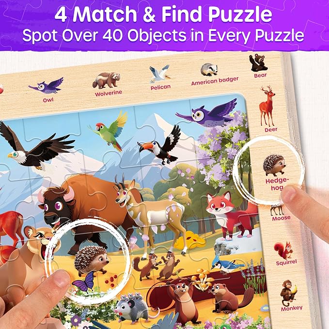 SYNARRY Wooden Dinosaur Farm Ocean Animal Puzzles for Kids Ages 4-6, 4 x 60 Piece Match & Find Puzzles for Kids Ages 3-5 Boys Girls, Preschool Educational Puzzle Toddlers Easter Gifts for 4-8 Year Old