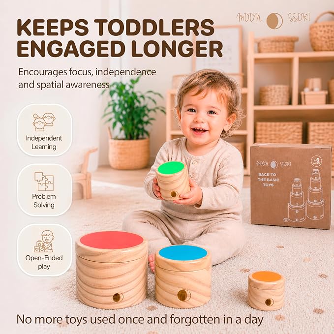 Wooden Stacking Cups for Toddlers 1-3 – Montessori Baby Toy for Sorting, Nesting & Stacking, Natural Wood Learning Toy for Fine Motor Skills