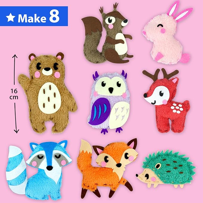 KRAFUN Woodland Animal Sewing Kit for Kids Ages 6+ | 8 Dolls | Sew 8 woodland animals: Bear, Bunny, Fox & Owl. Instructions & felt included. Beginner gift for girls & boys