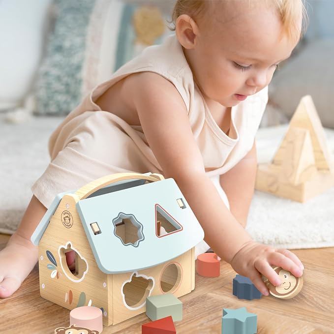 House Shape Sorter with 8 Blocks, Fun Colors, Shapes, Monkey Character, Wooden Toy, Non-Toxic Paint, Enhances Learning, Ideal for Kids | 8 blocks, monkey character, sorting & stacking toys, montessori toys, preschool toys, shape recognition, fine motor...