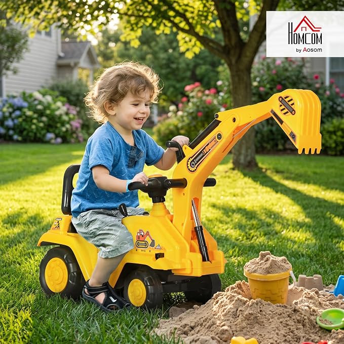 HOMCOM Ride On Excavator Pull Cart, Kids Digger Ride on Truck with Horn, Under Seat Storage, Sit and Scoot Pretend Play Toy Construction Car for Ages 18-48 Months
