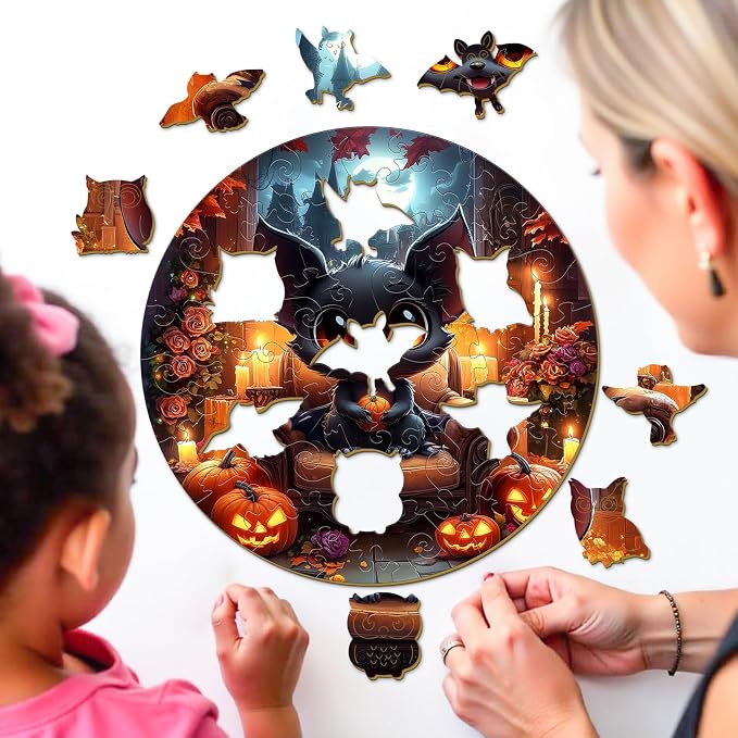 Holiday Wooden Puzzles for Kids - Halloween Black Bat | 50 Piece Puzzles for Kids Ages 4-6 - Kids Puzzle with Unique Animal Shapes - Round Puzzles for Boys and Girls (11.4 * 11.4in)