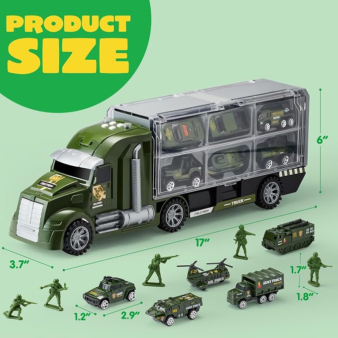 JOYIN 25 in 1 Military Kids Truck Toys for Age 3+, Kids Boy Toys, Army Men Tanks Set with Soldier Men, Mini Battle Cars in Carrier Truck with Lights and Sounds, Gifts for Grandkids