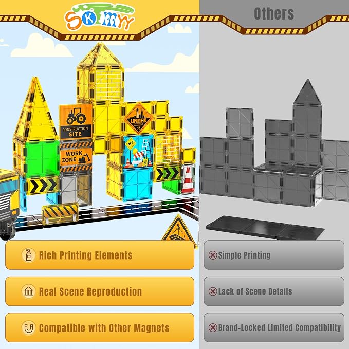 SKTMYY Magnetic Tiles for Kids, Construction Toys with Crane Road Truck | Magnets Building Blocks, Ages 3-5 4-8, Montessori Preschool Educational, STEM Toy, Birthday Gift for 3+ Years Old Boys