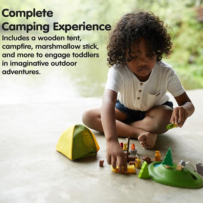 PlanToys Pretend Play Camping Set (6624) | Sustainably Made from Rubberwood and Non-Toxic Paints and Dyes | wooden camping play set, montessori imaginative role play, social skill development, open-ended adventure toys, kids toy