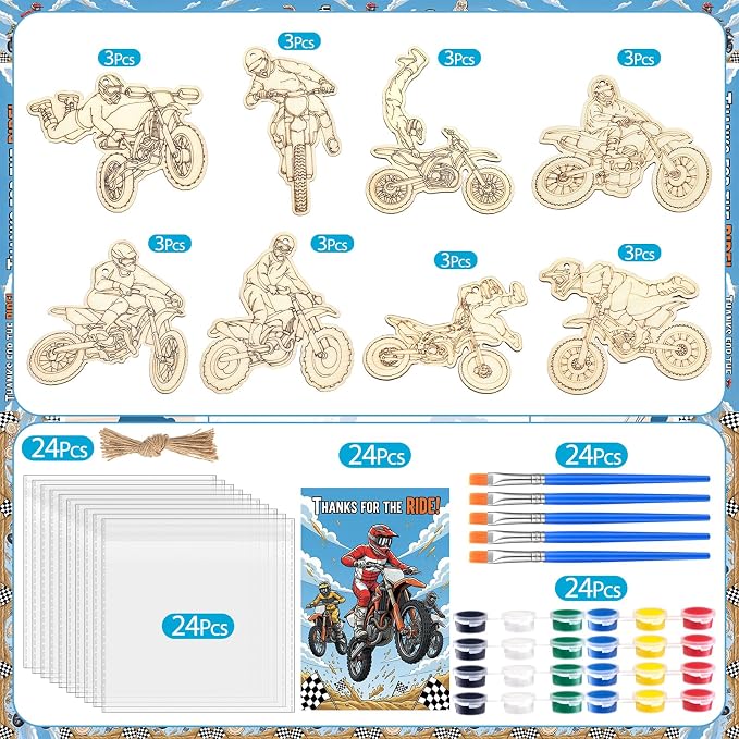 Saypacck 24 Pcs Dirt Bike Party Favors Wooden Paint Craft Kits | 12 Motocross Wood Pieces with Paint Palettes, Organza Bags Included, Ideal for Goodie Bag Fillers and Thank You Gifts