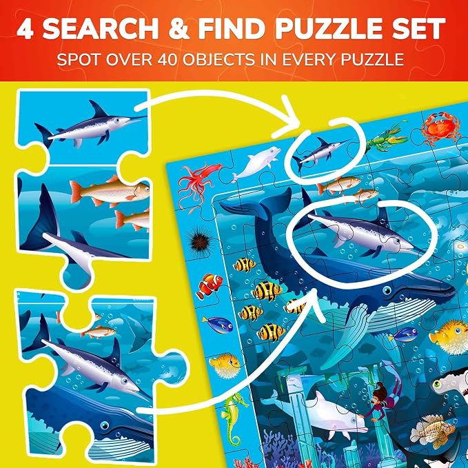 100 Piece Puzzles for Kids Ages 6-8 - 4 Jigsaw Kids Puzzles Ages 4-6 | Search and Find Educational Puzzles for Kids Ages 8-10 with Animals and Dinosaurs - Learning Kids Puzzles Ages 5-8