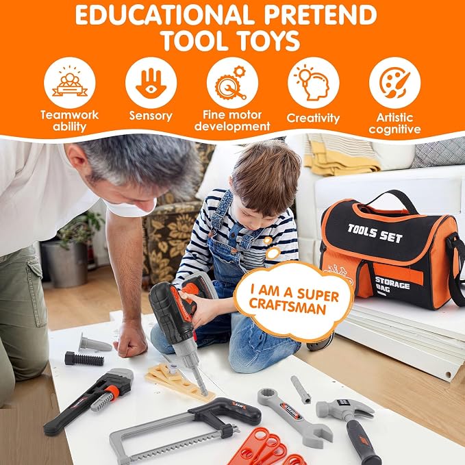 Kids Tool Set- 48PCS Tool Set Toys with Electronic Toy Drill, Tool Bag&Tool Belt&Tape Measure, Pretend Play Kids Construction Tool Kits Toy for Boys, Kids Birthday Gift for Boys Girls Ages 3+