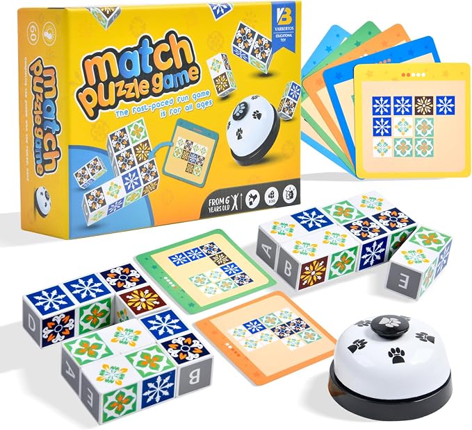 varbertos Wooden Matching Game Puzzle Games, Pattern Block Match Puzzles Building Cubes with Bell for Kids and Adults Toys Board Games for Family Night