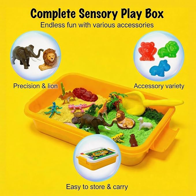Carolart Jungle Sensory Bin, Animal Sandbox & Sensory Sand Kit | Safari animal habitat play set with wild animal toys, gift for boys and girls ages 3-8, sensory play activity