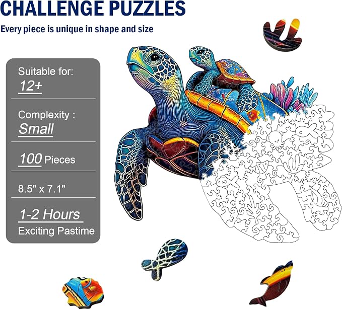 Wooden Jigsaw Puzzles for Adults Teens Kids, Parent & Baby Sea Turtle Wood Puzzle, Wooden Puzzles for Adults, Unique Animal Shaped Puzzle, Fun Challenging Family Games, 200pcs 11.5" x 9.7"