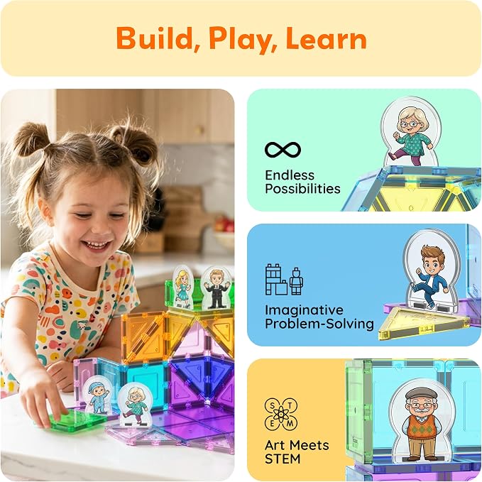 PicassoTiles 8pc Family Character Action Figures Accessory Add On Compatible with Magnet Tile Building Construction Sets STEM Pretend Play Educational Toys for Learning Preschool Kids Ages 3+ PTA110