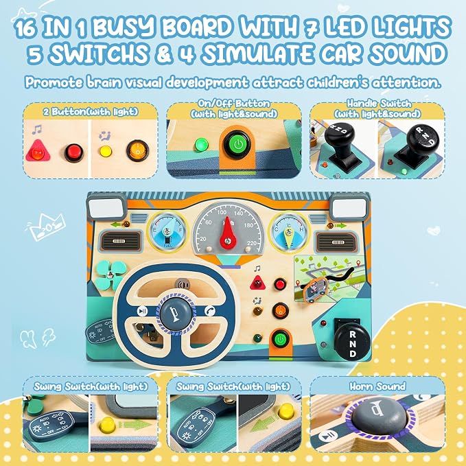 Busy Board for 1 2 3 Year Old, Montessori Toys Wooden Toddler Sensory Toy | Busy Board with LED Lights Sound Switch, Activity Travel Toy, Steering Wheel,Toddler Toy Christmas Birthday Gift for Boy Girl