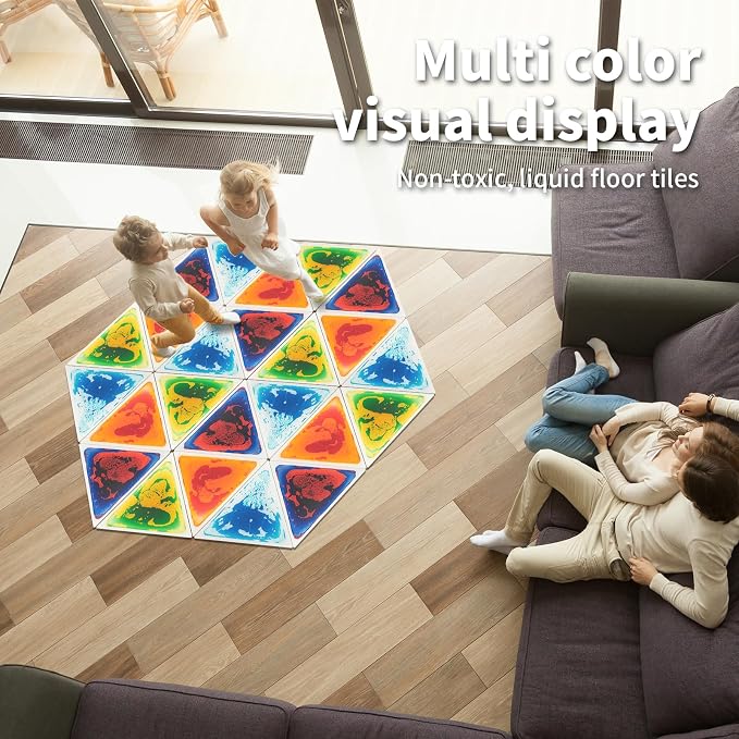 LONGKING 4-Sheet Liquid Triangle Sensory Tiles, Colorful Floor Tile for Play Centers, Playroom, Lava Tiles, 12.7" x 14.7" | Sensory floor tiles, soft liquid gel, 12.7"x14.7", color movement play mat, playroom classroom daycare, 4-sheet