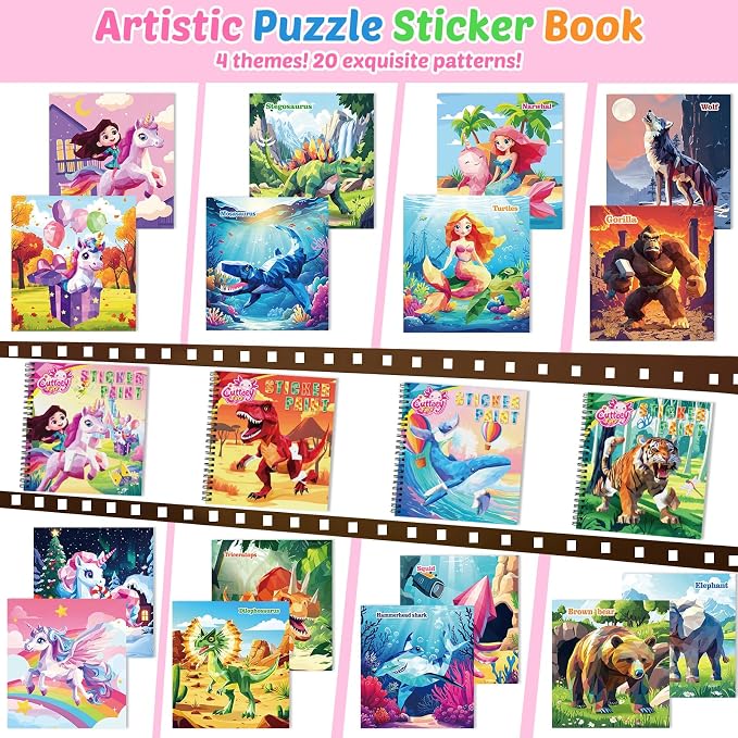 4Pcs Educational Sticker Puzzle Book for Kids, Travel Puzzle Sticker by Number Activity Books with Story - Airplane Car Road Trip for Girls Kids Early Learning, Screen Free, Separation Anxiety Gifts