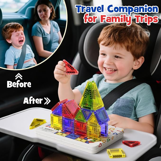 Mini Magnetic Tiles Travel Toys: Airplane Activities for Kids 3-8 | 40pcs Metal Box Play Base & Visual Storage Guide - Road Trip Essentials for Toddlers Quiet Games Portable Sets Must Haves