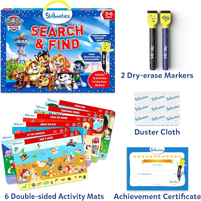 Skillmatics Search and Find – PAW Patrol, Preschool Activity, Gift for Kids | Write & Wipe Mats, Learning & Educational Toy for Toddlers & Kids, Back to School Supplies for Boys & Girls Ages 3, 4, 5