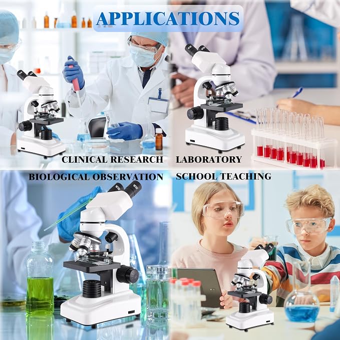 Binocular Microscope for Adults Kids Students, 64X-6000X Microscopes, 3 Objective Lens, Metal-Body Dual LED Illumination, Biological Compound Microscope Kit for School Lab, Homeschool