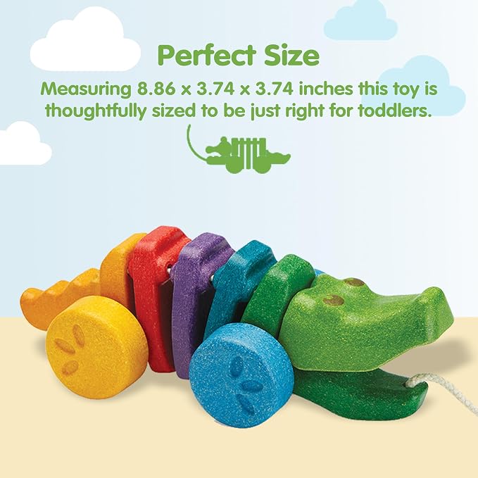 PlanToys® Rainbow Dancing Alligator Pull Toy for Toddlers | Eco-Friendly Wooden Toy with Click-Clack Sound | Walking Toy for Babies | click-clack sound, toddler pull toys, animal design, girls, boys, gross motor cause & effect learning gift idea for kids