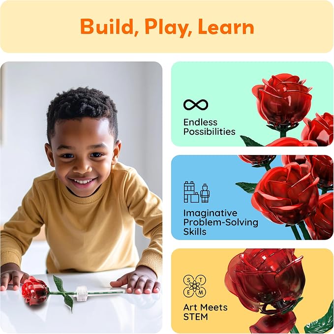 PicassoTiles Red Stem Roses Building 90pc Kit with Magnetic Hold Pieces Creative Flower Construction Toy Hands-On Play Discovery Activity Playset Kids Toys Girls Boys Ages 3+ PBS201