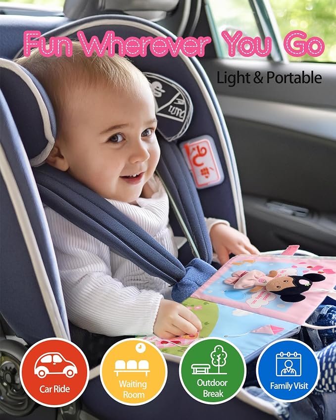 LeyaDoll Montessori Busy Book for Toddlers 1-3, 1 Year Old Girl Gifts | Toddler Airplane Travel Essentials, Crinkle Pages, Fine Motor Skills Toys, Keep Toddlers Busy, Pink Gift Box Included