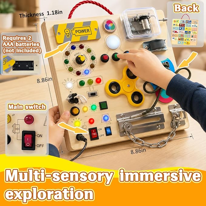 Busy Board with LED Light Switches, Montessori Toys for Toddlers 1-3, Wooden Sensory Activity Board, Travel Learning Toy for Boys & Girls, Educational Fidget Busy Board Gift for 1 2 3 Year Old Kids