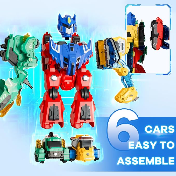 iPlay, iLearn Kids Dinosaur Transform Robot Toy Magnetic Transforming Truck | 6-in-1 Dinosaur Construction Trucks, Toddler STEM Assemble Building Toy, Cool Birthday Gift Age 3 4 5 6 7 8 Year Old Boy Girl