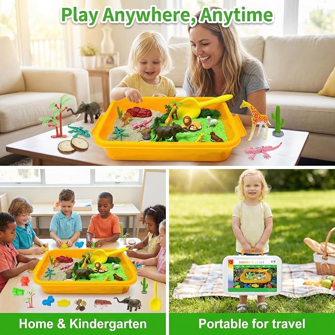 Carolart Jungle Sensory Bin, Animal Sandbox & Sensory Sand Kit | Safari animal habitat play set with wild animal toys, gift for boys and girls ages 3-8, sensory play activity