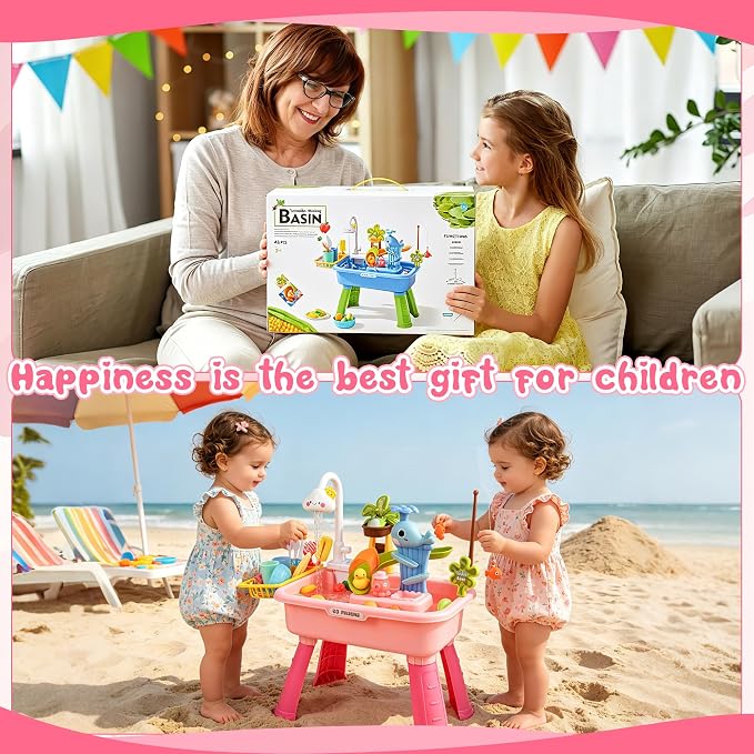 2027 Upgraded 4-in-1 Water Table for Toddlers 1-3, Kids Sensory Table with Electric Water Pump & Faucet, Kitchen Play Sink Toys with Food Accessories, Fishing Toy