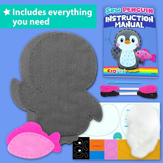 KRAFUN Beginner Sewing Kit, Sew Penguin & Fish, Pre-Cut Felt, Kids Ages 5+ | Beginner Sewing Kit: Sew 2 Plushies, Penguin & Fish. Pre-Cut, Pre-Punched Felt, No Scissors. Safe Plastic Needle for Kids